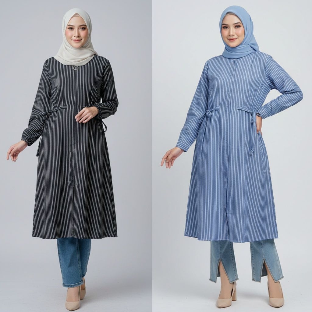 Divagaya Tunik Elvara Wanita Dewasa Motif Salur Bahan Katun Halus Fashion Terbaru
