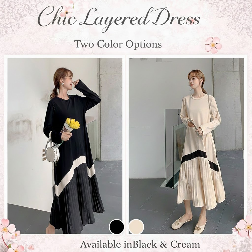 Gamis Hitam Kombinasi Wanita Terbaru Style Korean Import  | Dress Maxi Plisket Modern |  Long Dress 