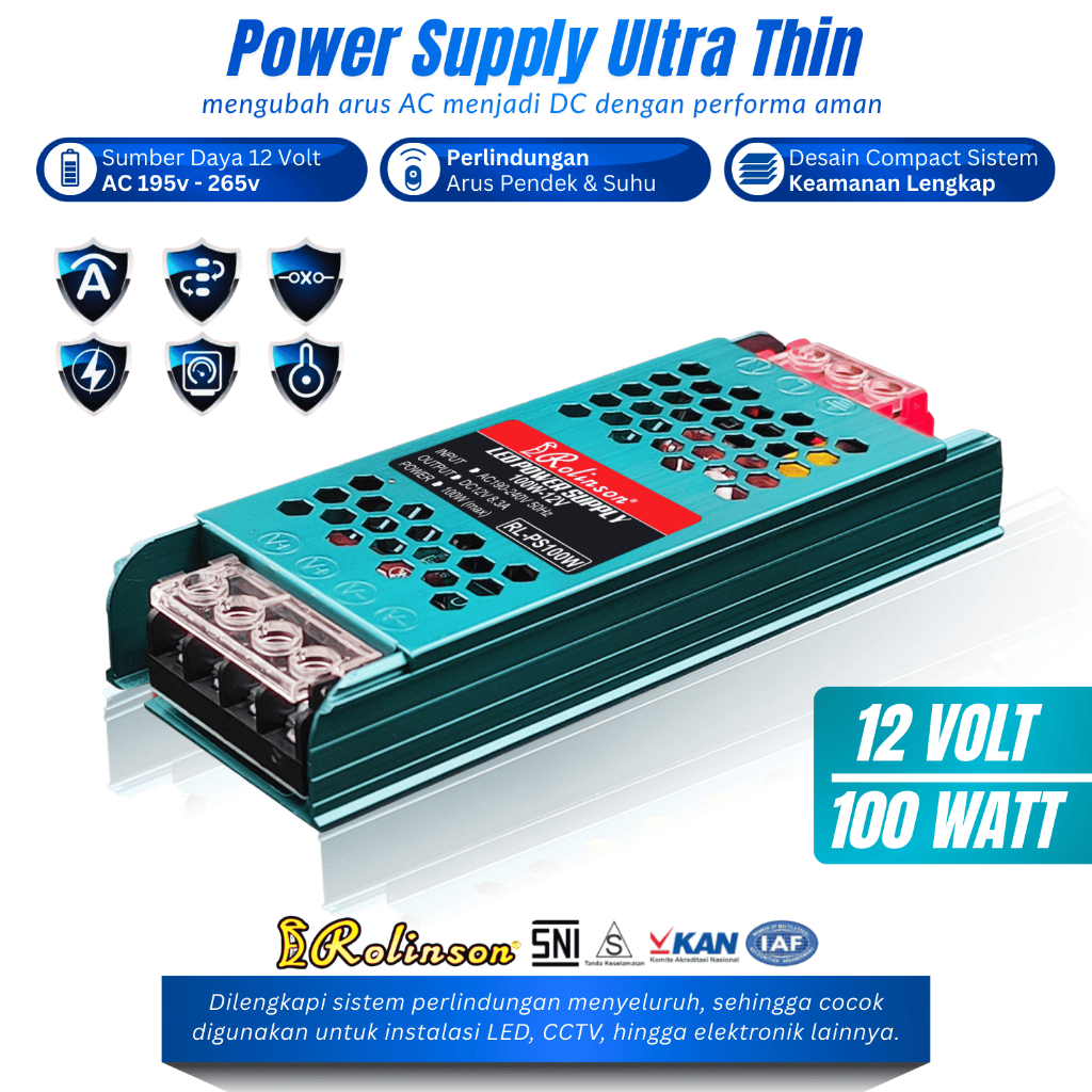 Trafo Adaptor LED Strip Power Supply Slim 12v Daya 100 Watt AC/DC Rolinson Power Supply CCTV/Speaker