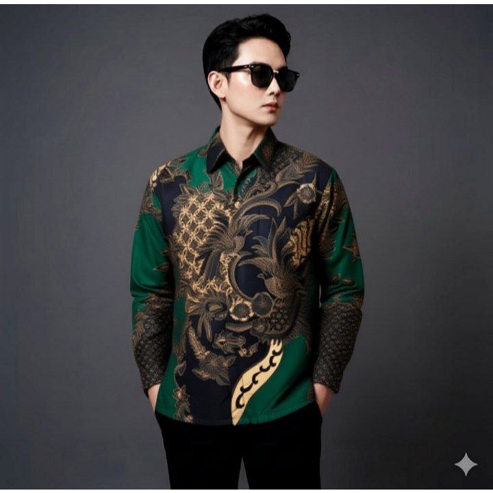 KEMEJA BATIK PRIA LENGAN PANJANG WARNA HIJAU BOTOL KEKINIAN