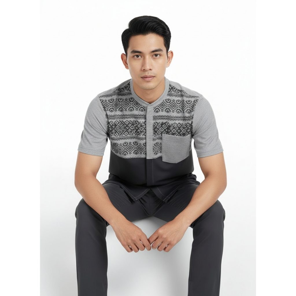 Jersey Koko Pria Lengan Pendek Abu Kombinasi Motif Etnik Silver Modern
