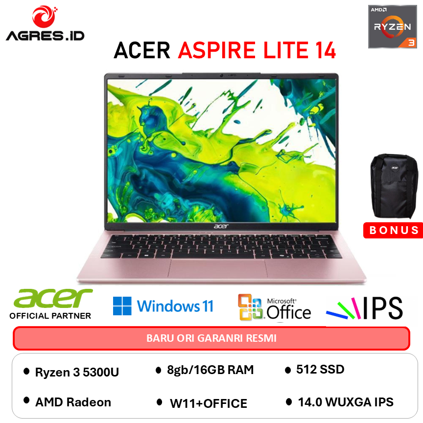 ACER ASPIRE LITE 14 AL14 AMD RYZEN 3 5300 - RAM 16GB 512GB W11+OHS 14.0WUXGA IPS-42P.R1D5