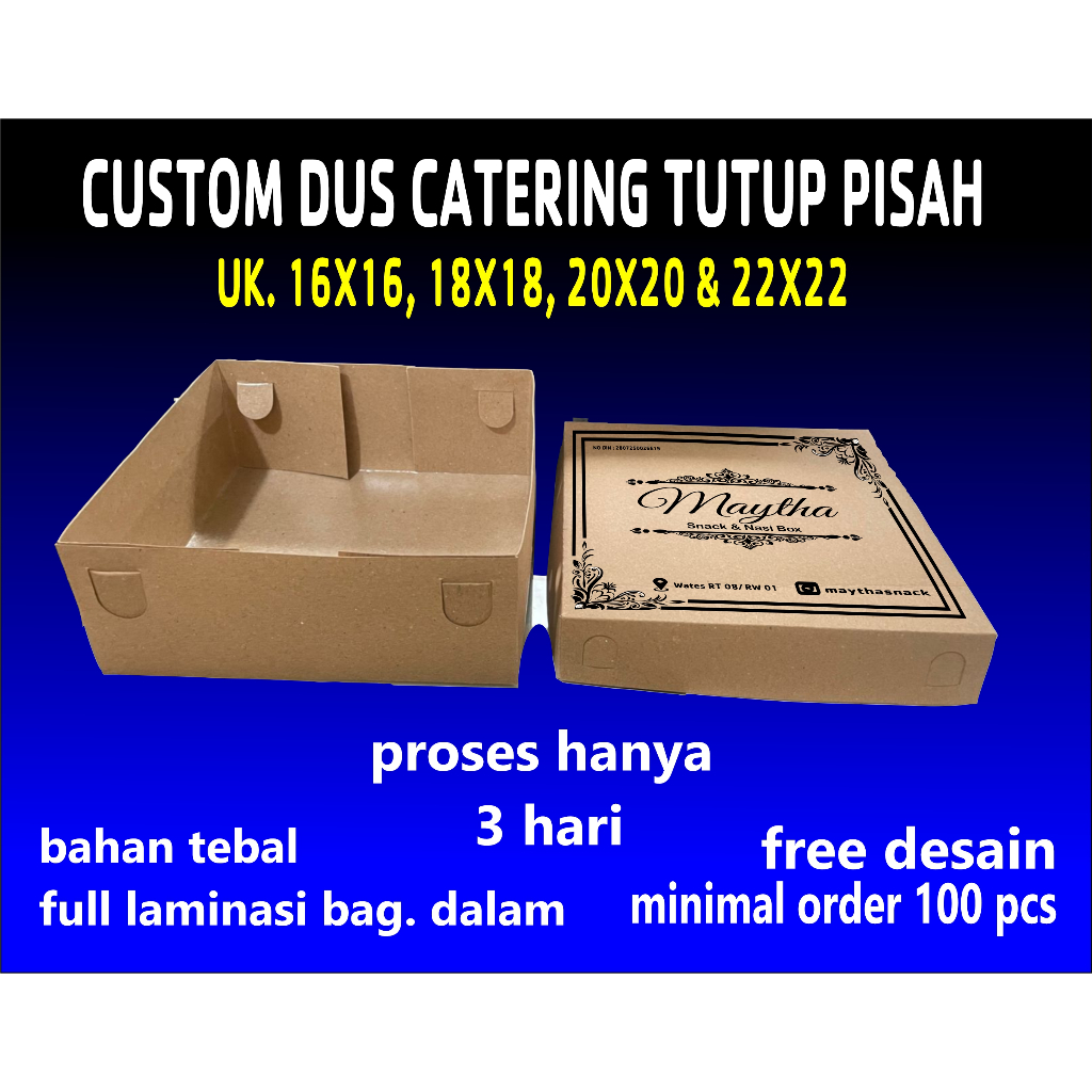 [ isi 100 ] DUS CATERING TUTUP TERPISAH CUSTOM SABLON LOGO DAN NAMA, DUS  WARNA COKLAT BAHAN KRAFT