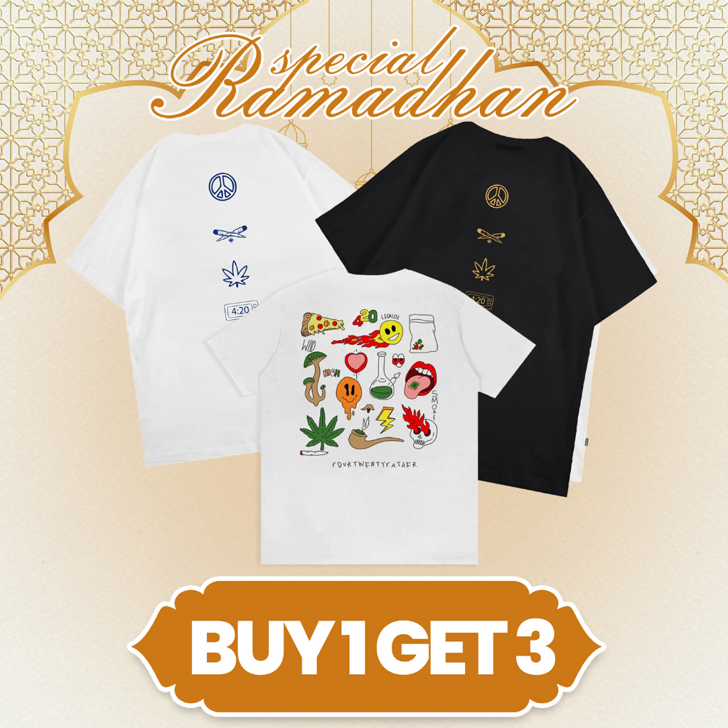 [ BUY 1 GET 3 ] 420Father Bundling Beli 1 Dapat 3 Kaos Sablon Best Seller (420Time White, 420Time Bl