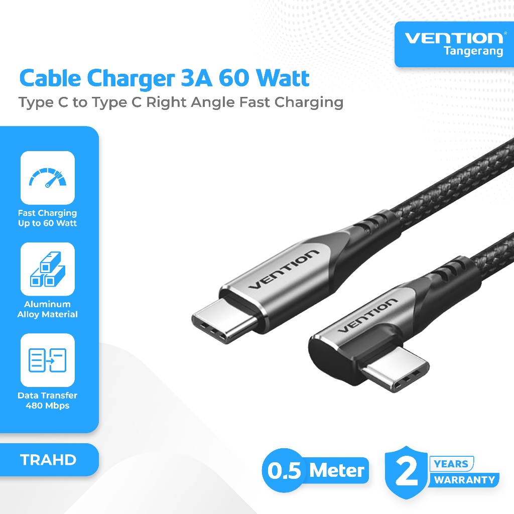 Vention Kabel Charger Data Type C to Type C Right Angle Fast Charging 3A 60 Watt Charger Cable 0.5M 
