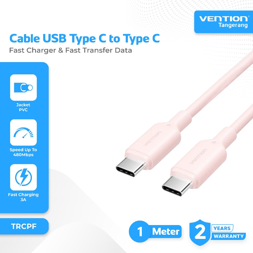 Vention Kabel Charger Data Type C to Type C 3A PD Fast Charging 60W Charger Cable 1M 1 Meter Pink - 