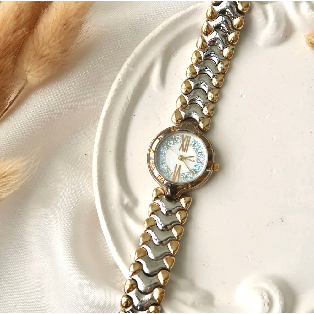 Jam Tangan Wanita Vintage Watch Cyma White Glitter Blue Two Tone Chain Original Autentik Preloved Be