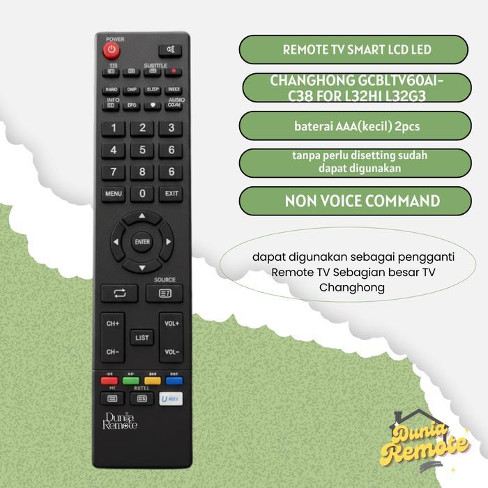 Remot Remote TV COMPATIBLE FOR CHANGHONG GCBLTV60AI-C38 FOR L32H1 L32G3 LED LCD SMART NON VOICE Bagu