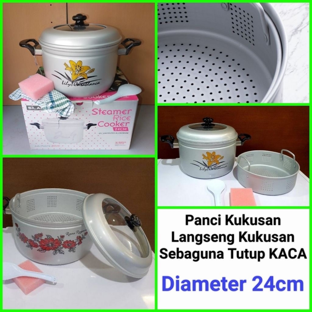 panci kukusan langseng kukusan alumunium panci serbaguna tutup kaca MASPION 24cm
