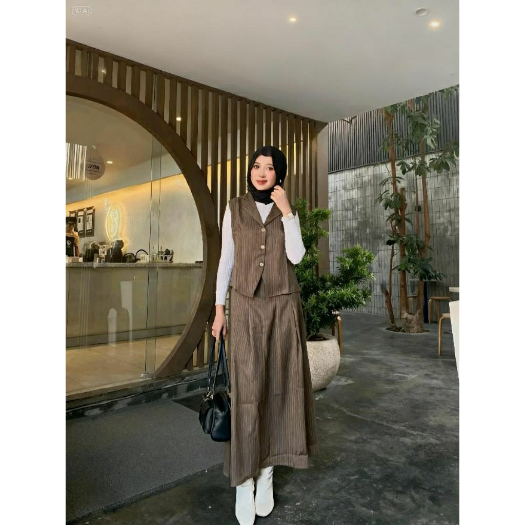 Bella Vest Set//Set Blezer kekinian/Setelan kerja Rok dan rompi Salur/Maxi Skirt wanita//