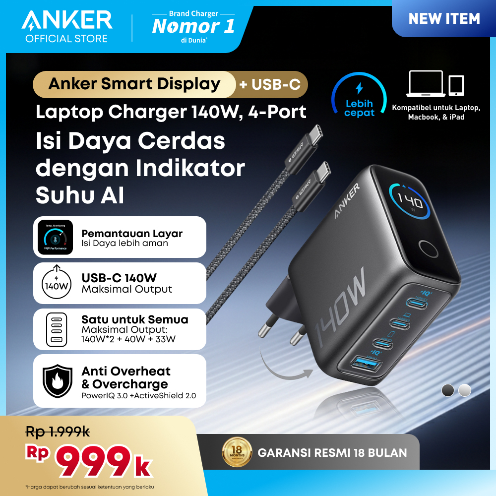 Anker Smart Digital Touch Display 140W GaN Charger Foldable Fast Charging 4 Ports with Type C Cable 