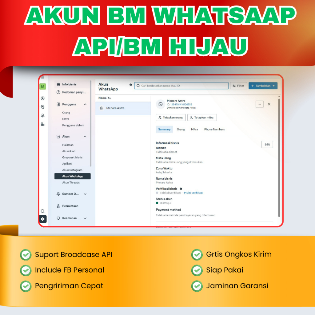 Akun BM Suport Whatsapp API - Alun BM Hijau - Akun Facebook Ads  100% aman & Bergaransi