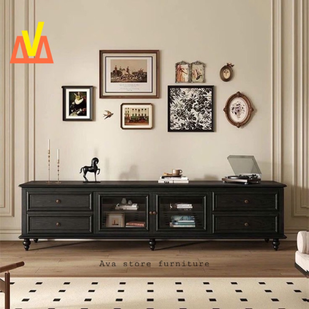 Meja TV Kayu Minimalis Modern – Bufet TV Hitam Multifungsi untuk Ruang Tamu Estetik