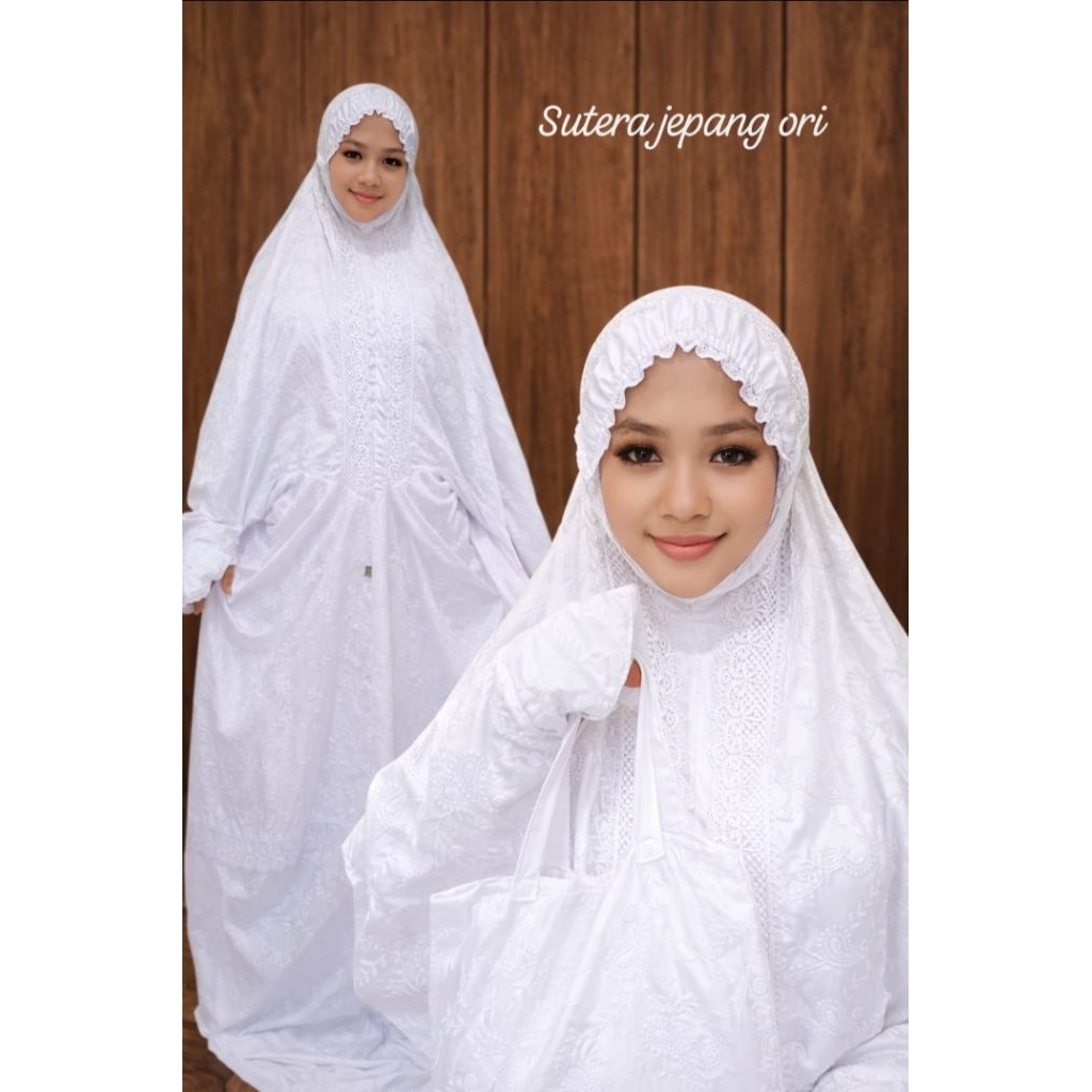 Mukena SUTRA JEPANG ORI RENDA SWAROUSKI terusan lajuran dewasa  putih tebal elegan dan mewah