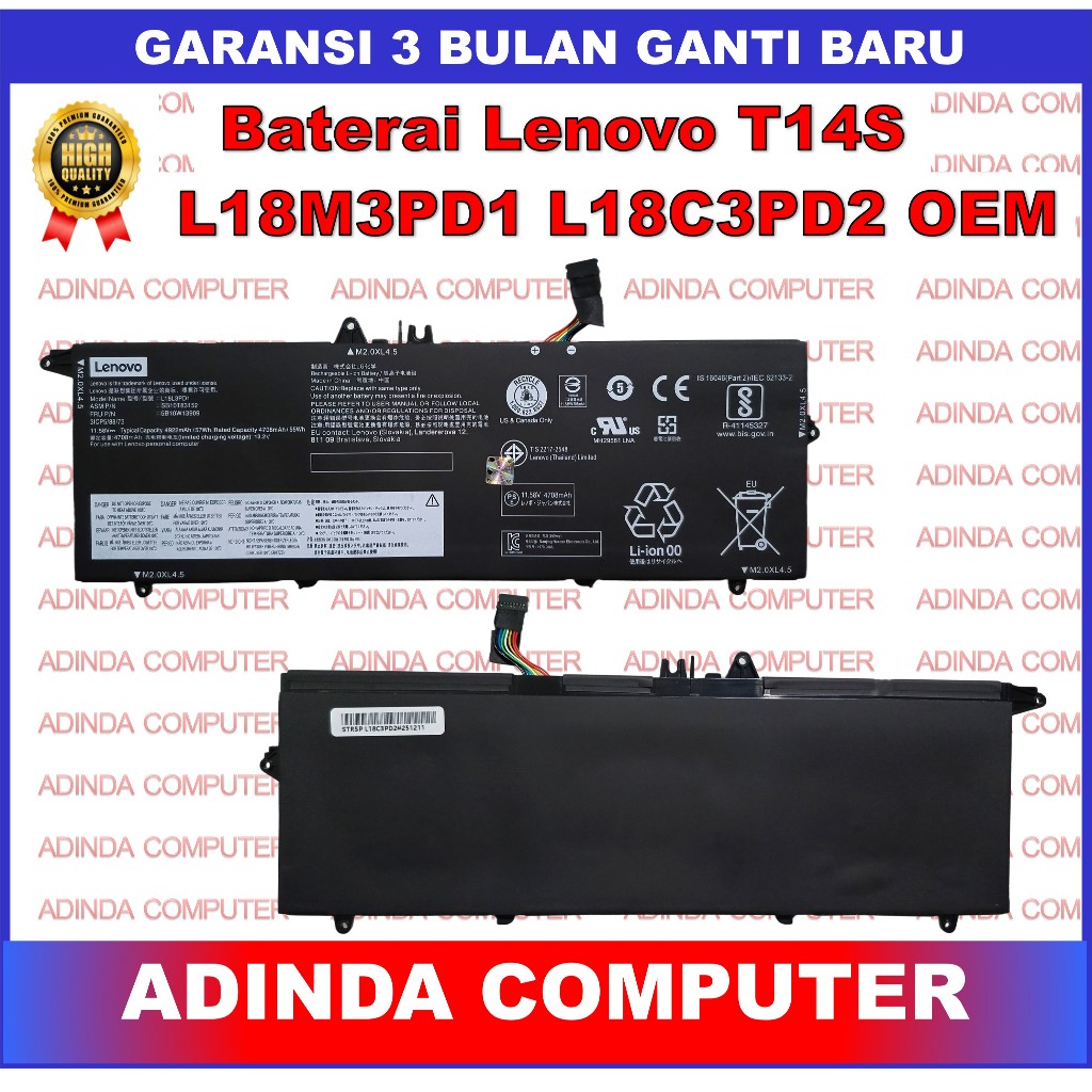 Baterai Lenovo Thinkpad T14S T490S T495S L18L3PD1 L18M3PD1 L18M3PD2 L18C3PD2 L18L3PD1