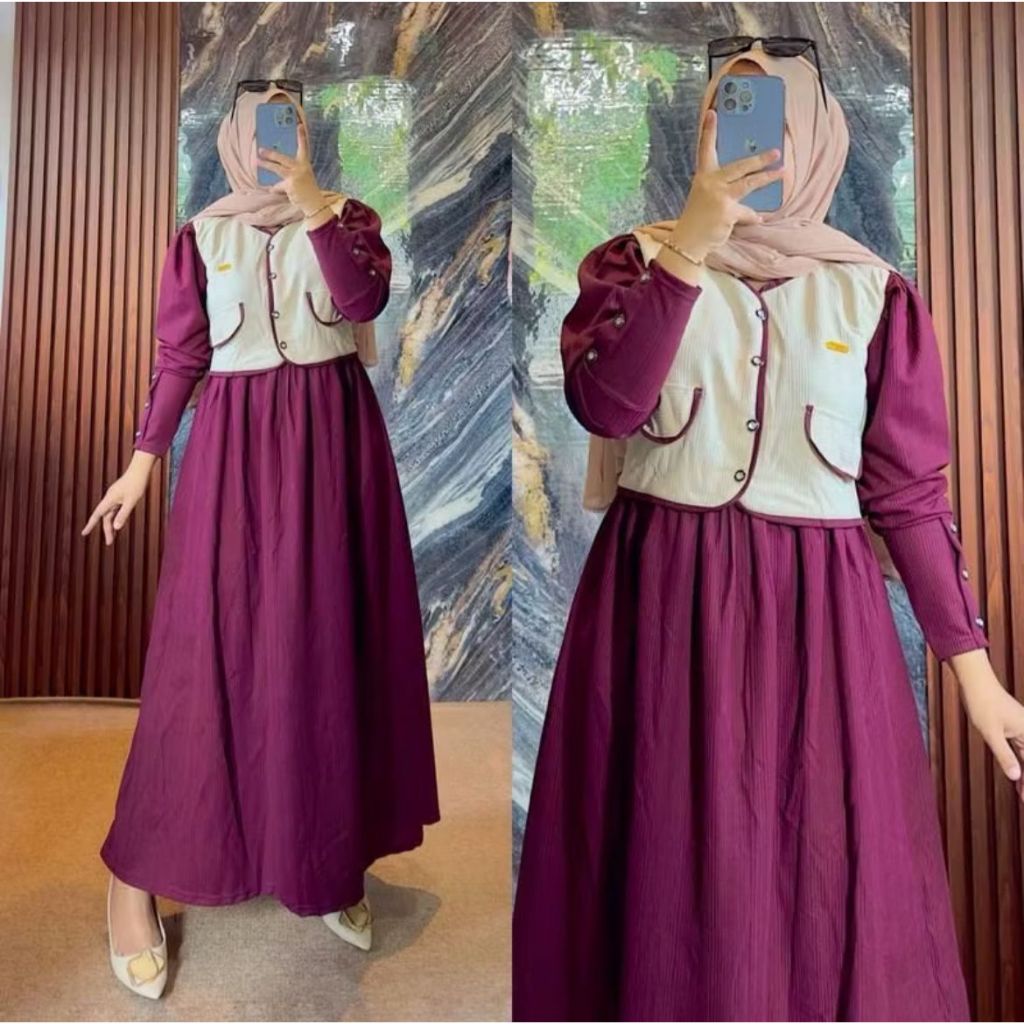 Gamis Lebaran Wanita Terbaru 2026 Dress Rompi Knit Elegant Burgundy Remaja Dewasa