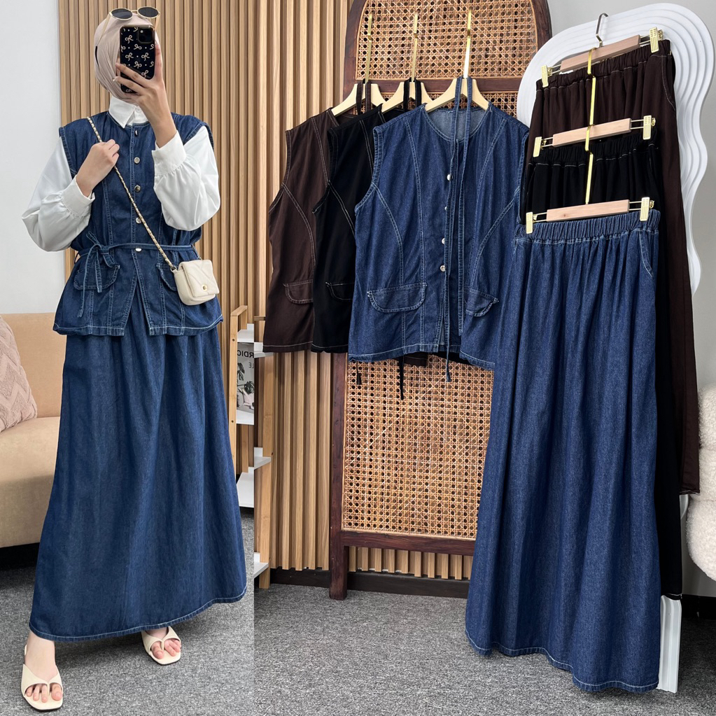Little butik TYRA DENIM JEANS SKIRT SET | Setelan rok wanita bahan jeans salur bigsize
