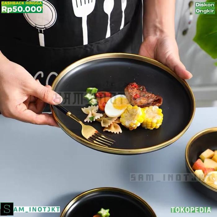 Ready Piring Saji Ceramic Plate Set / paket piring keramik hitam emas