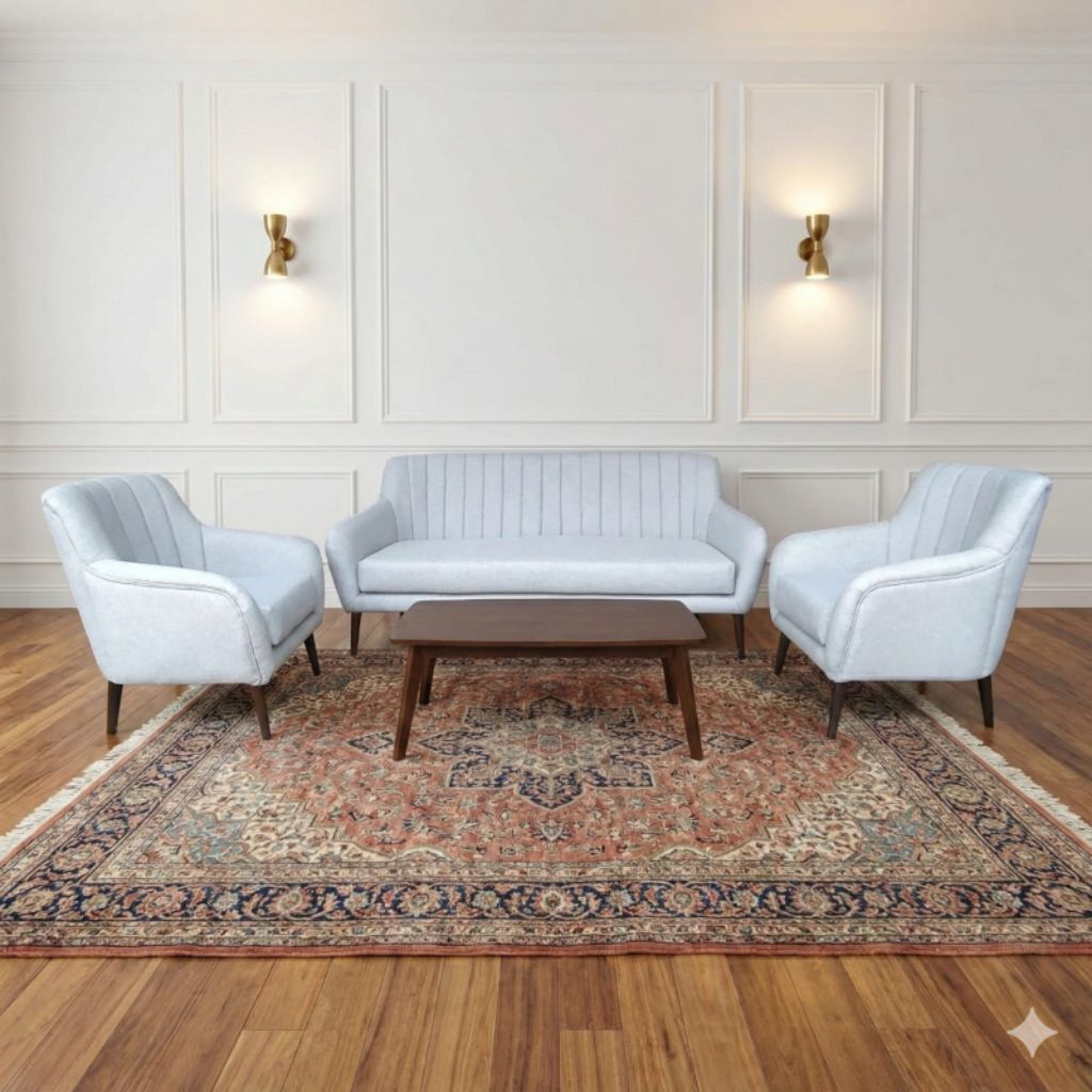 Sofa tamu set minimalis modern dengan rangja kayu jati dengan balutan cover jok kain malta dan busa 