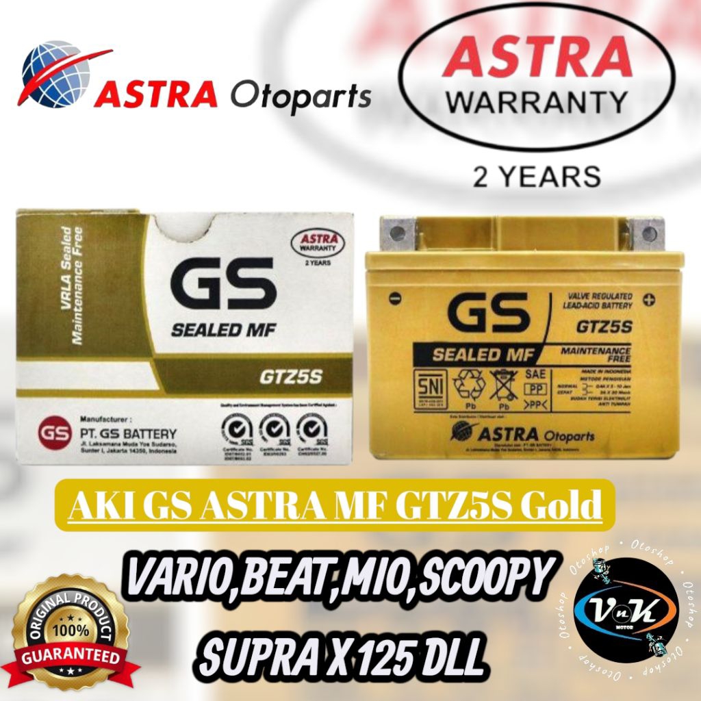 GS Astra AKI GSWA GTZ 5s Gold untuk Motor Honda Yamaha Vario Beat Mio Scoopy Supra X 125 DLL Tipe AK