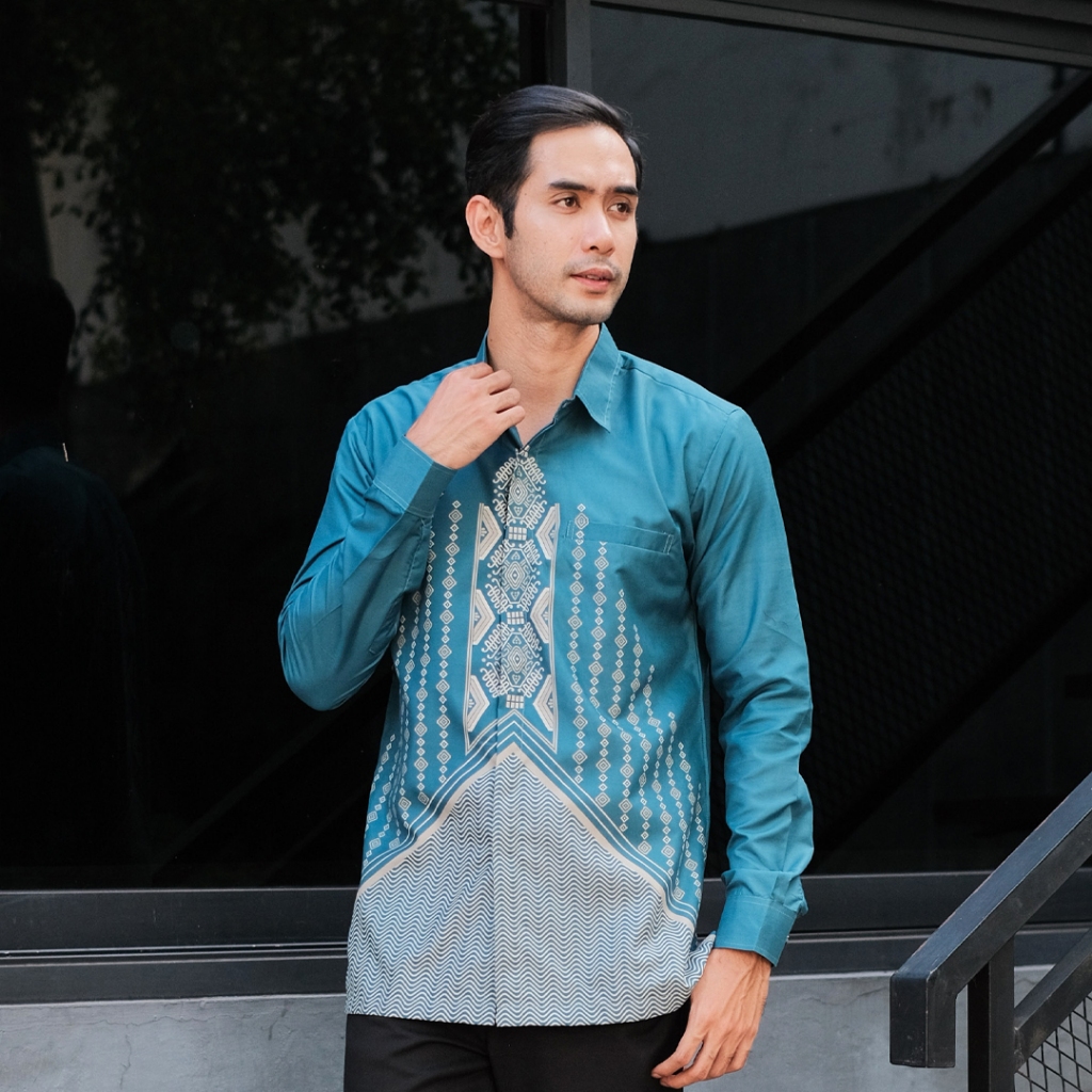 RBS Batik - Kemeja Batik Pria Virasaka Slimfit Lapis Furing Warna Hijau Tosca Kombinasi Cream