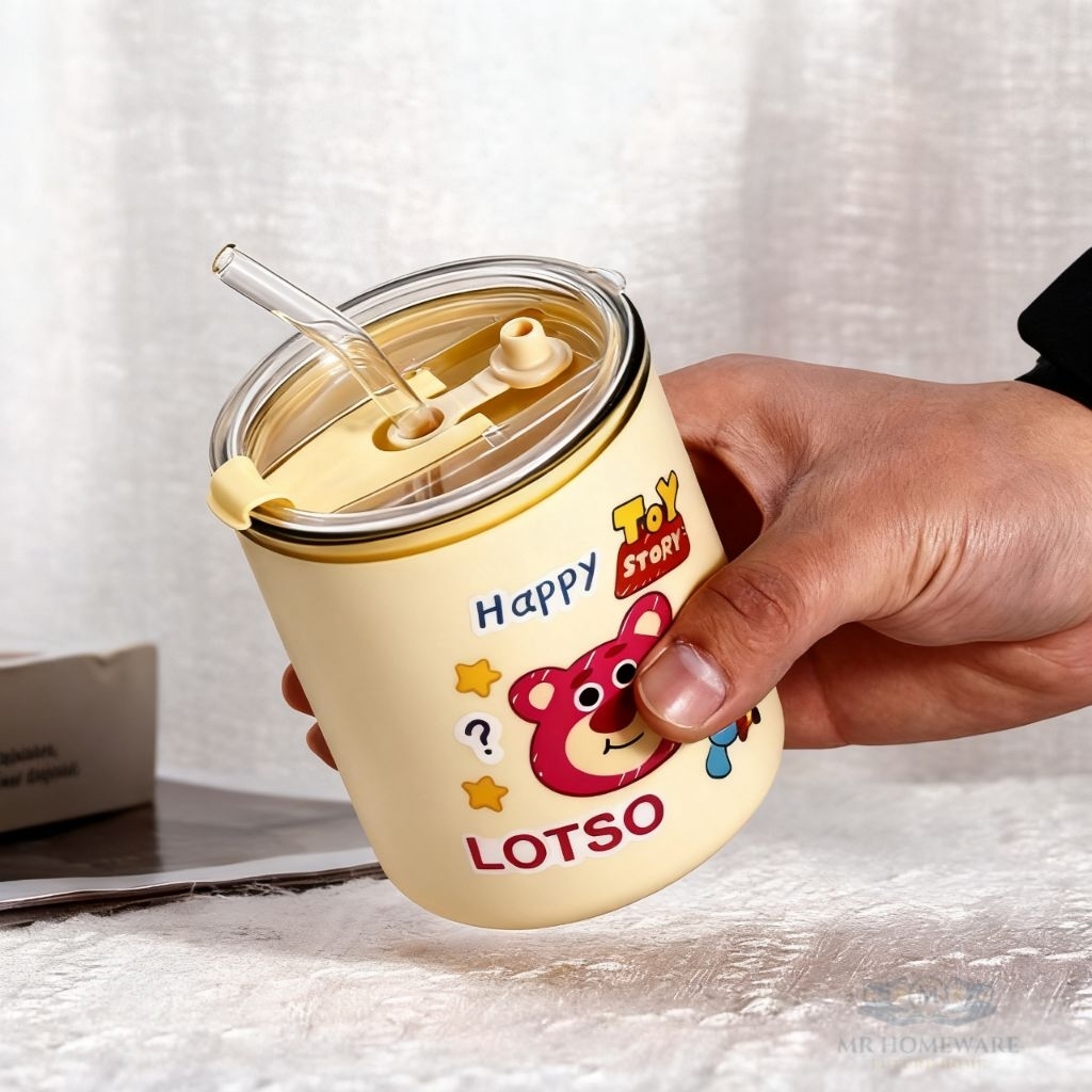 Gelas Kaca Mug Straw Lucu Karakter Disney 320ml - Desain Unik, Sedotan Kaca, Kapasitas Besar