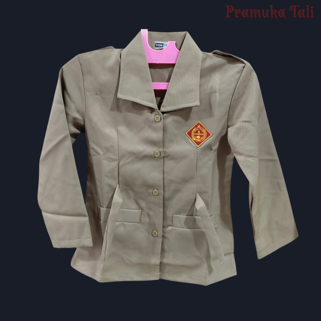 Baju Pramuka Putri SD Rapilo Jas Tali Belakang Kantong Sisi Coklat Susu Ukuran M-XXL
