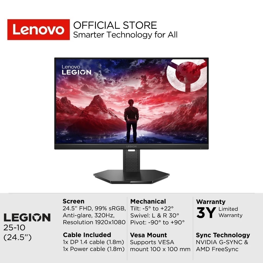 Lenovo Monitor Gaming Legion 25-10 320Hz 1920x1080 24.5" NVidia G-SYNC Include Asuransi