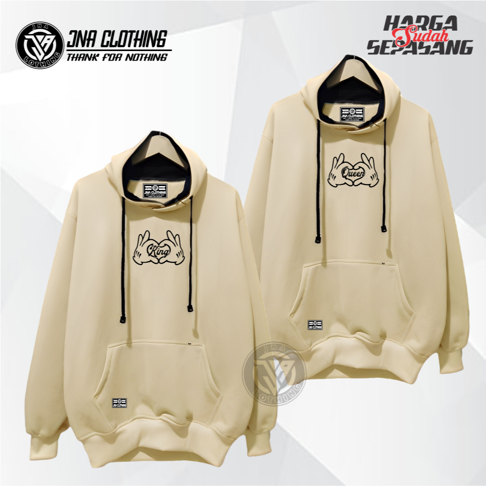 Sweater Couple Hoodie Premium Fleece Tebal Adem Sablon Tangan Love Varian Warna Cream Quality Distro