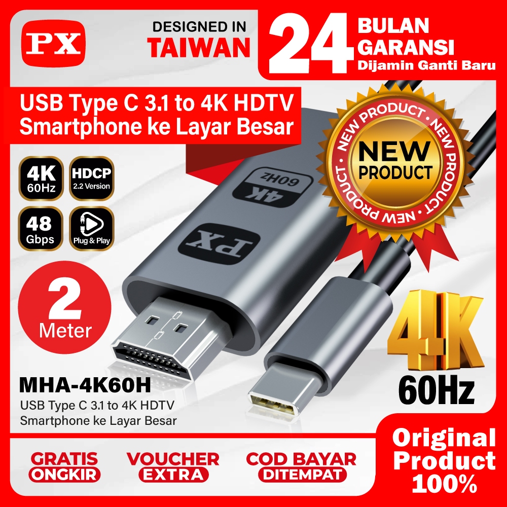 Kabel USB Type C 3.1 to HDMI Converter 4K UHD 60Hz Thunderbolt 4 Kabel HDMI HP ke TV 2M PX MHA-4K60H