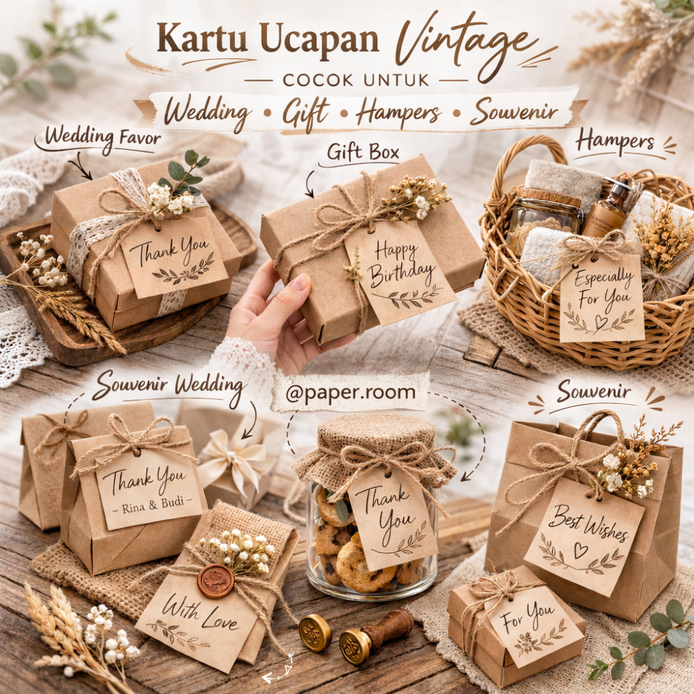 Kartu Ucapan Vintage Rustic Coklat | Greeting Card Kraft | Untuk Wedding Souvenir Hampers Custom