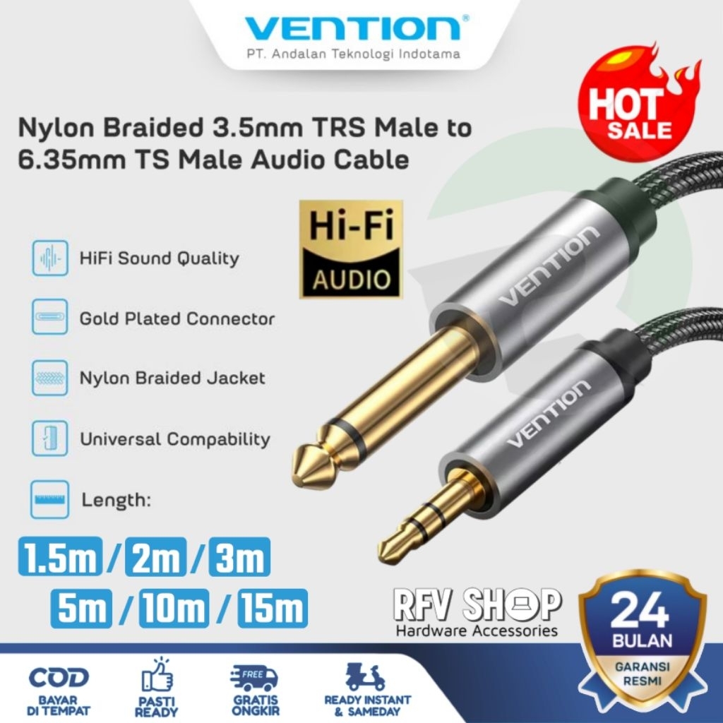 Vention Kabel Audio Jack 3,5mm to 6,5mm Male Stereo Alumunium Braided Cable 1.5 / 2 / 3 / 5 / 10 Met