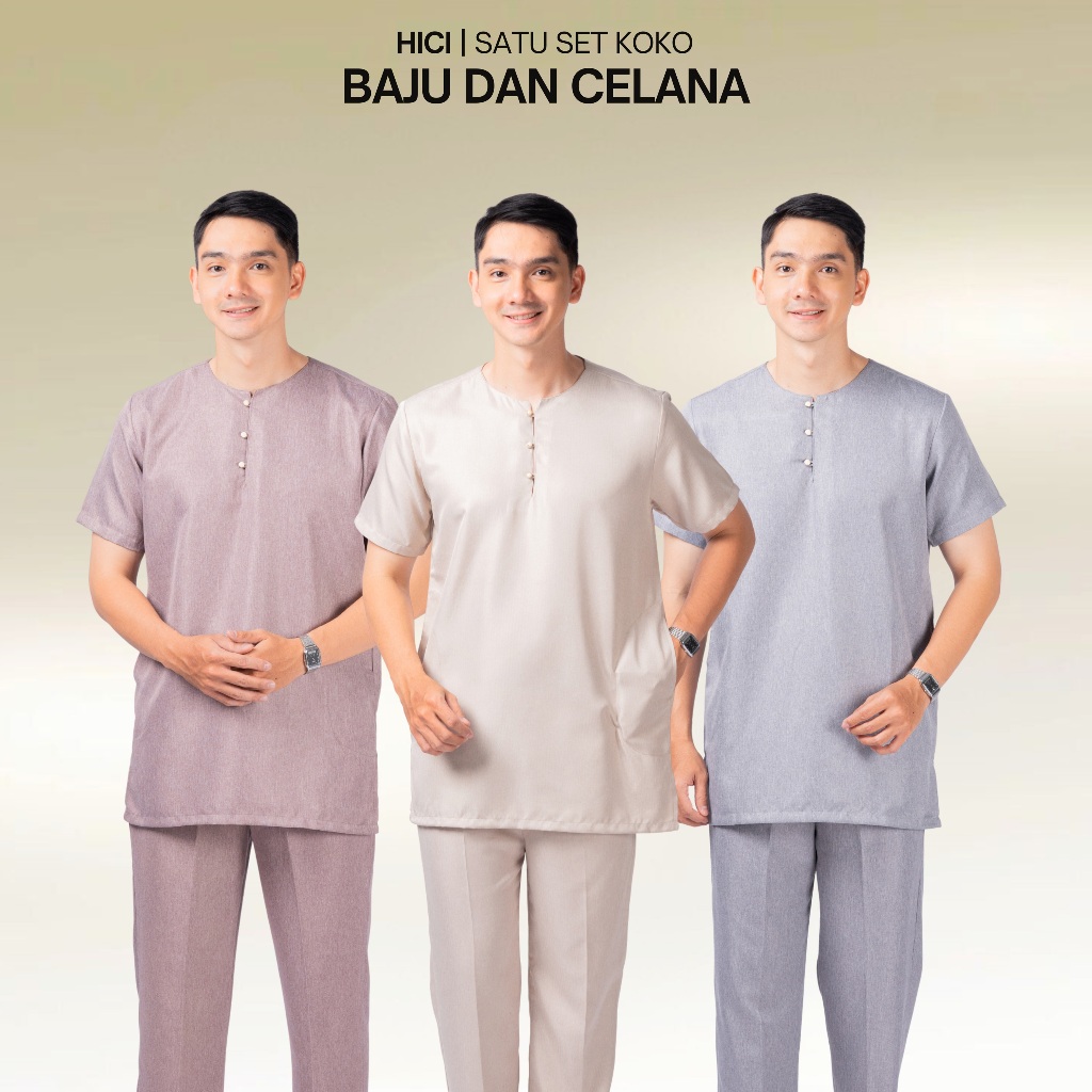 Hici Setelan Pria Dewasa Lengan Pendek Muslim | Borneo Baju Koko Kurta Tanpa Kerah Bahan Madinah