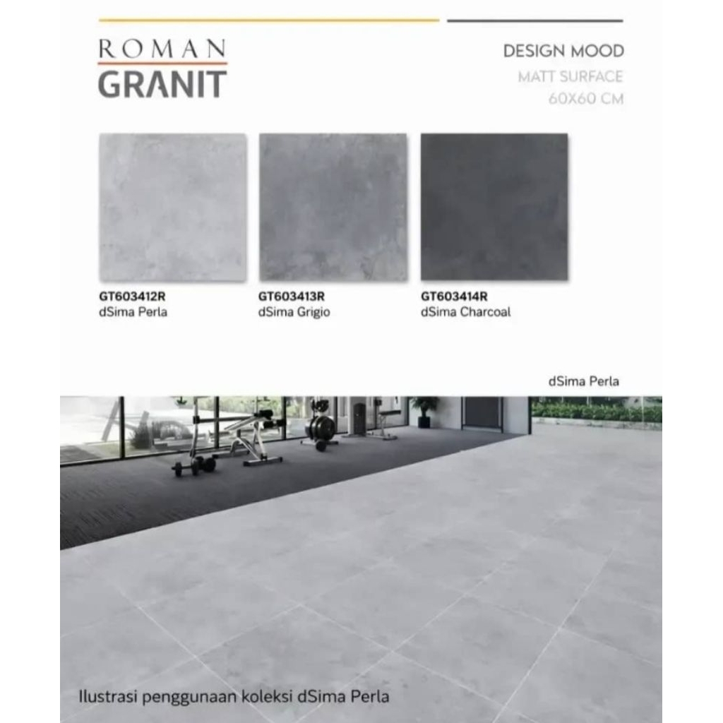 Granit Merk Roman Tipe dSima Perla, Grigio, Charcoal Ukuran 60x60 Permukaan Tekstur Matt Untuk Lanta