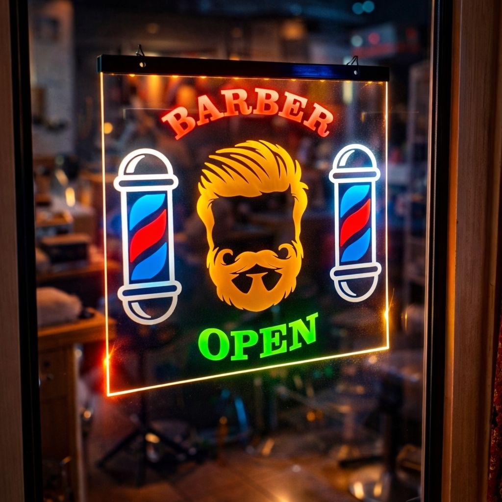 lampu BARBER OPEN barbershop bahan akrilik cocok gantung di kaca dan tembok dimensi 25x25 cm