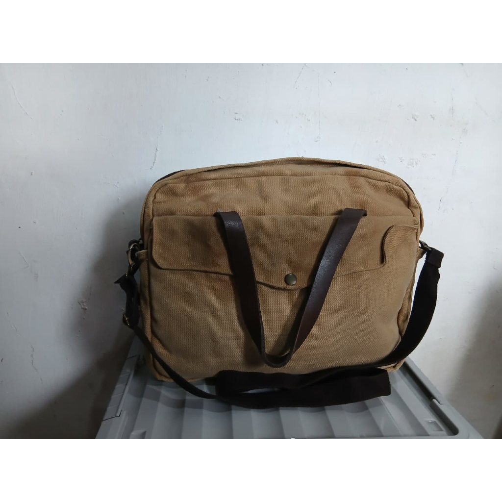 tas kerja laptop pria men canvas tebal mix leather coklat preloved