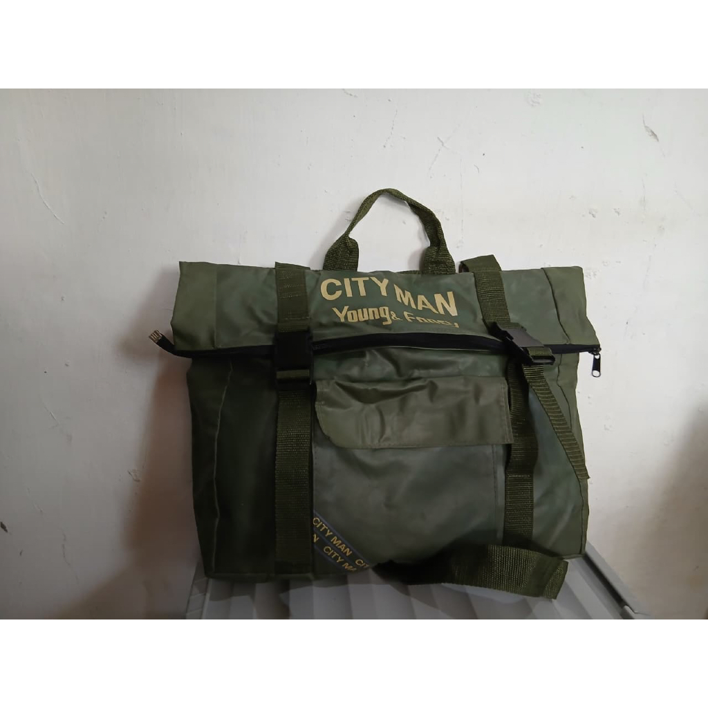 tas sling bag slempang ransel backpack CITY MAN nylon tebal hijau army preloved