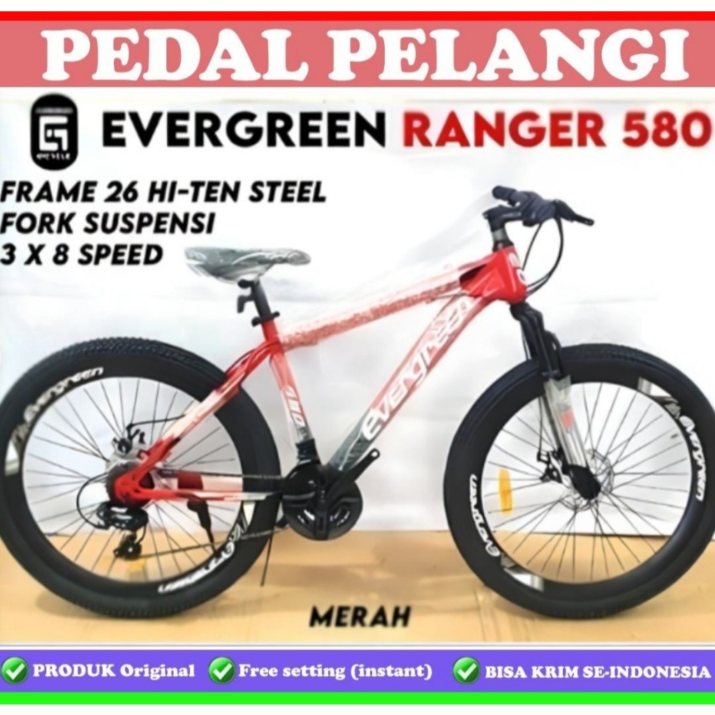 sepeda gunung 26 inch MTB Evergreen Ranger 580 3 x 8 speed mechanical disc brakee
