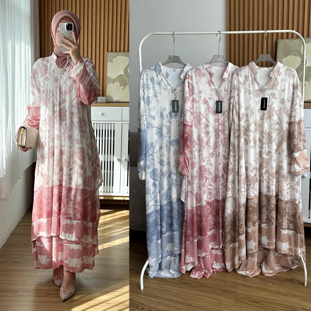 KINAYA DRESS Long Dress Bahan Ceruty Babydoll Full Furing Jumbo LD 112 Korean Flowy Look Wanita Keki