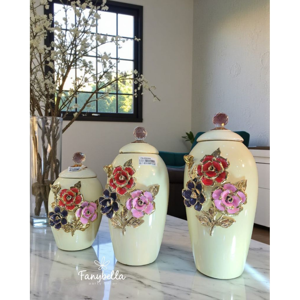 Pajangan Set 3 Vas Bunga Keramik Capodimonte Motif Bunga Dekorasi Rumah import
