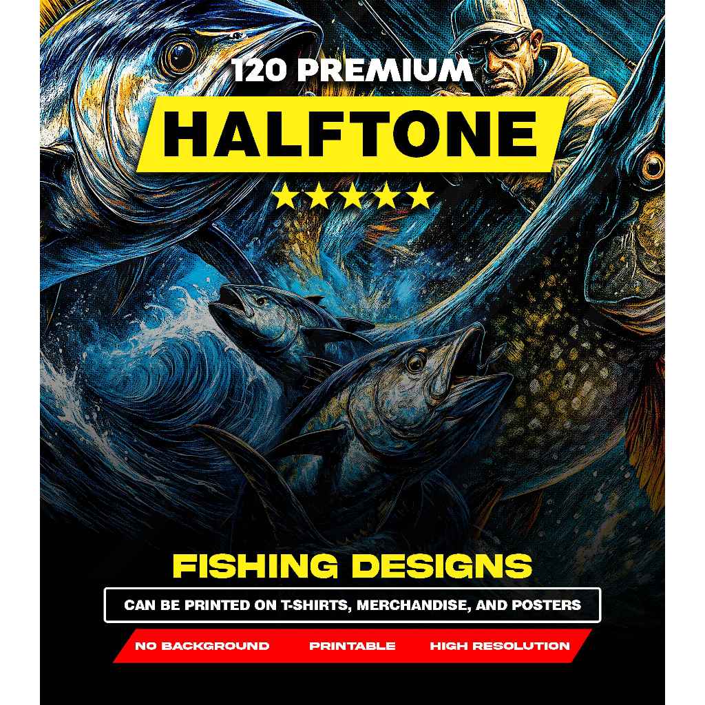 120 Premium Fishing Streetwear Design PNG – Khusus Baju Hitam – Siap Cetak DTF DTG Sablon – Digital 