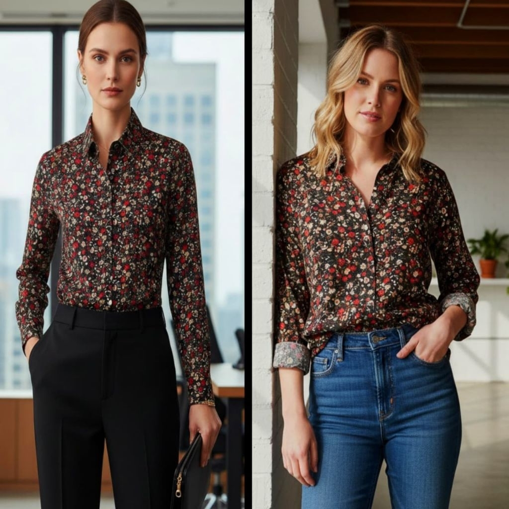 H*M Women Long Sleeve Midnight Red Floral Print Shirt/kemeja wanita branded full tag/kemeja wanita t