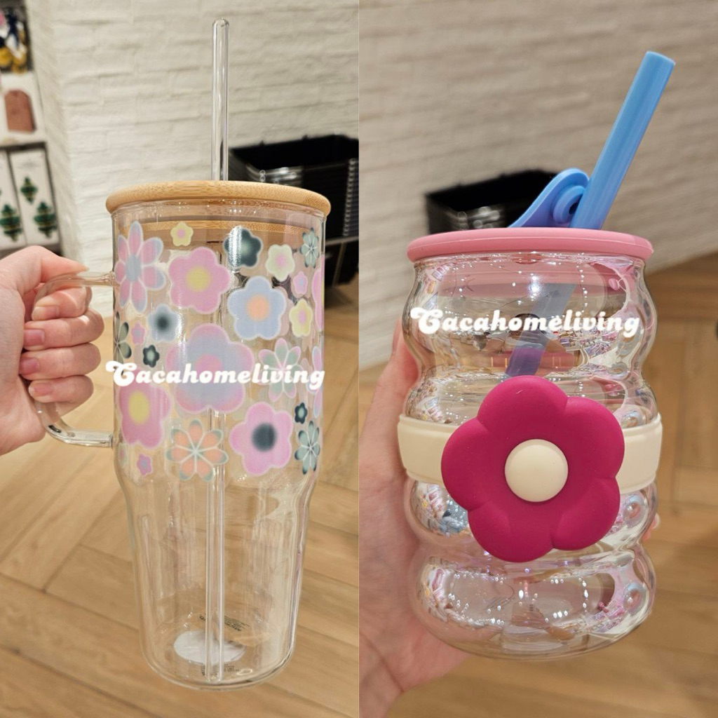 Flying Tiger - Tumbler With Handle Glass / Jar With Lid + Straw Belt Flower Collection