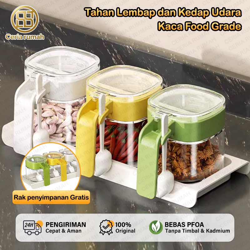 CERIA RUMAH Tempat Bumbu Dapur Bahan Kaca Foodgrade Kedap Udara Free Sendok dan Rak Penyimpanan