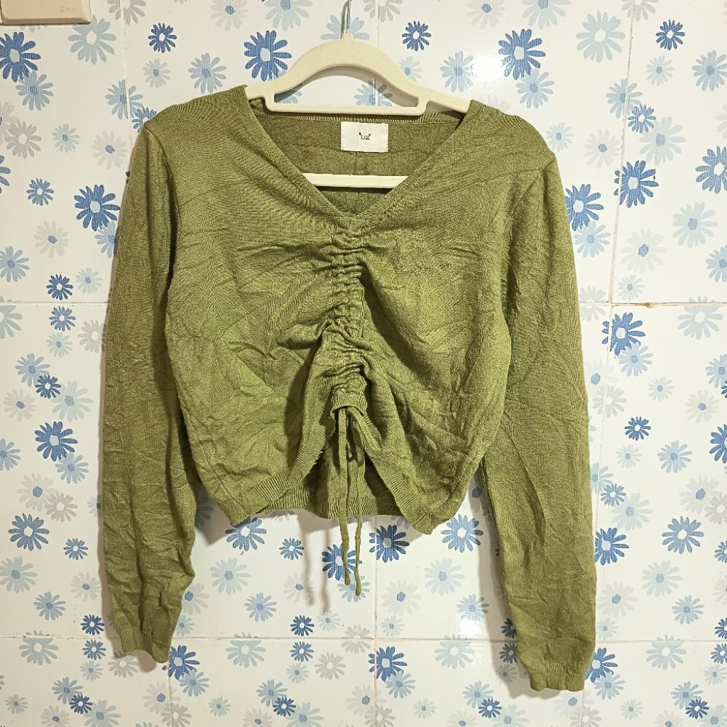 Top Atasan Wanita Rajut Sweater Sweter Bertali Serut V-Neck Bahan Kutub Nt Uniqlo Zara