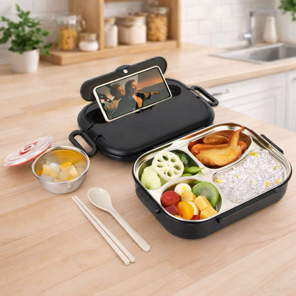 ecentio lunch box stainless /Kotak Makan 4 Sekat Tahan Panas Dan Anti Tumpah tempat makan