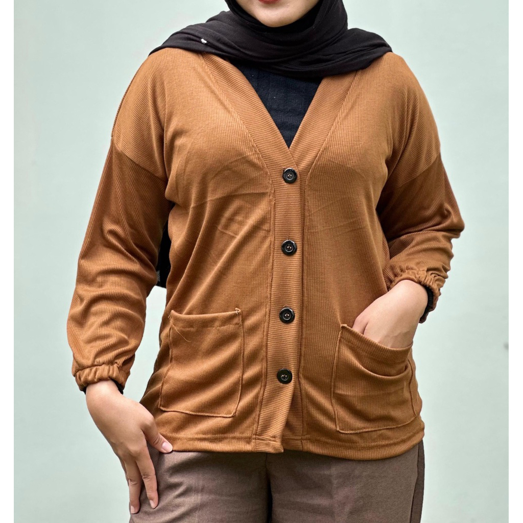 CARDIGAN/OUTER LENGAN PANJANG RIB KNIT JUMBO KAOS POLOS KANTONG