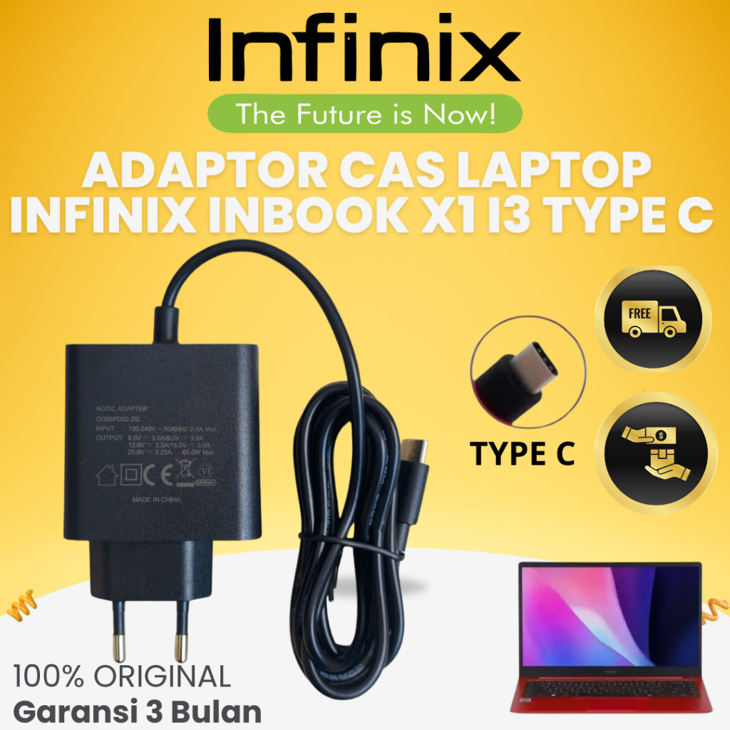 ADAPTOR CAS INFINIX TYPE C | INFINIX INBOOK X1 I3 | INBOOK X2 | INBOOK X1 PRO 20V 3A 65W GARANSI 3 B