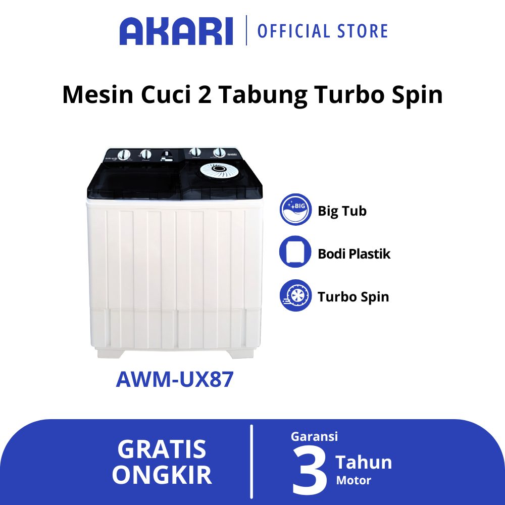 AKARI Mesin Cuci 2 Tabung Besar Turbo Spin AWM-UX87 Terbaru