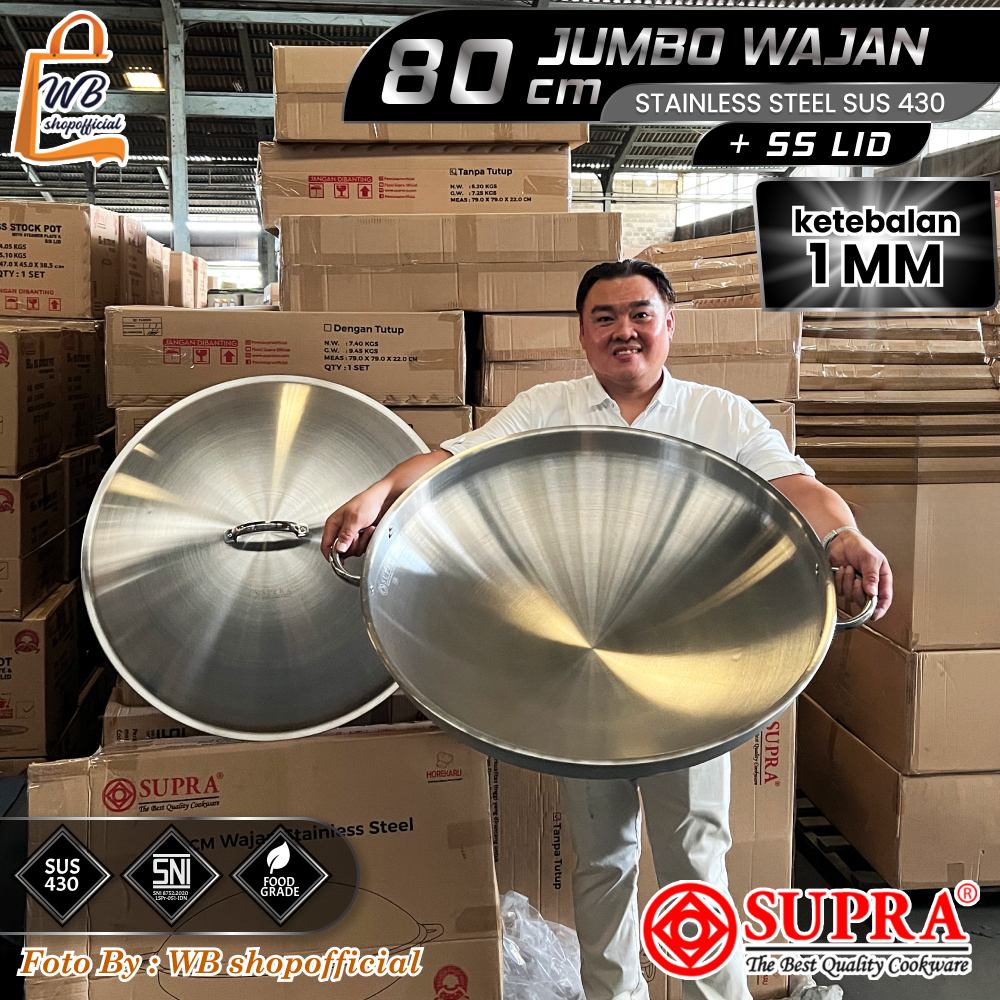 SUPRA Wajan jumbo 80cm + tutup stainless / kuali tebal SNI stainless SUS 430 HOREKARU